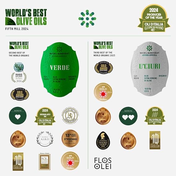 Green Robust Organic 500+ mg/kg Polyphenols Rich Italian Extra Virgin Olive Oil from Italy, 2026 Gold Award, High Antioxidants Peppery Finish, Sicily Certified Origins, Cold Pressed - 16.9 fl oz