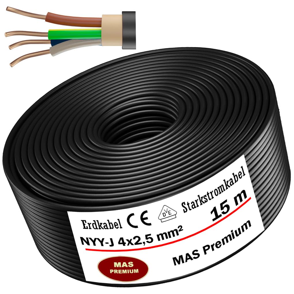 MAS Premium Kabel ziemny, kabel zasilający 5, 10, 15, 20, 25, 30, 35, 40, 50, 60, 70, 75, 80, 90, lub 100 m NYY-J 4 x 2,5 mm², kabel elektryczny pierścień do układania na wolnym powietrzu, w ziemi (15