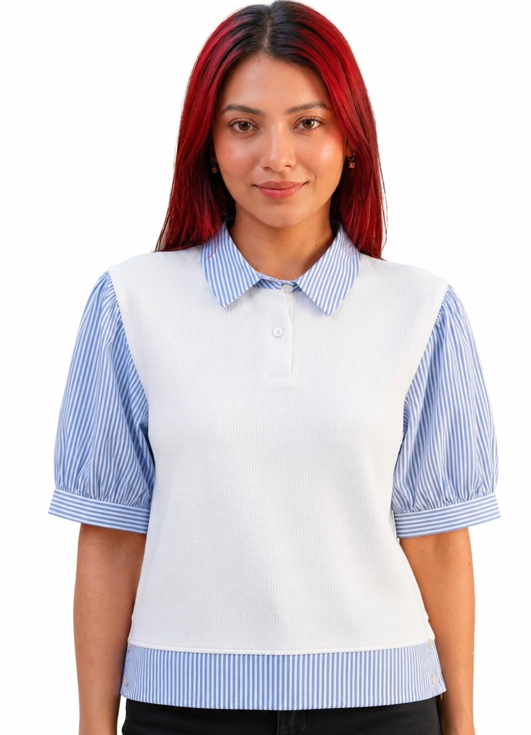 gyrlluxe Women's Casual Polo Top, White with Blue Stripe Sleeves, Short Puff Sleeve, Collared Summer T-Shirt-picture-42
