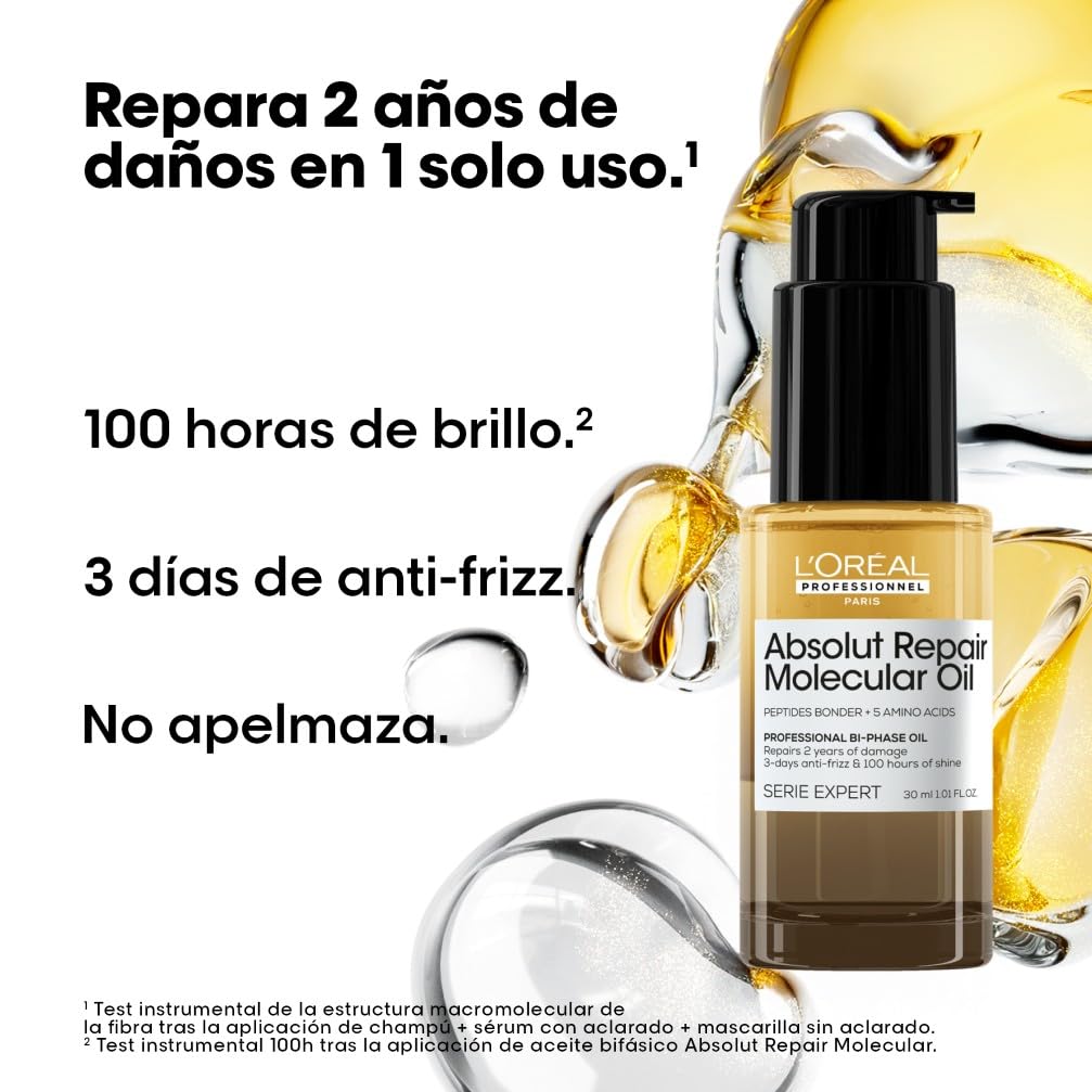 L'Oréal Professionnel Absolut Repair Molecular Aceite Bifásico Reparador 100 Horas de Brillo Antifrizz Protector Térmico Sin Aclarado