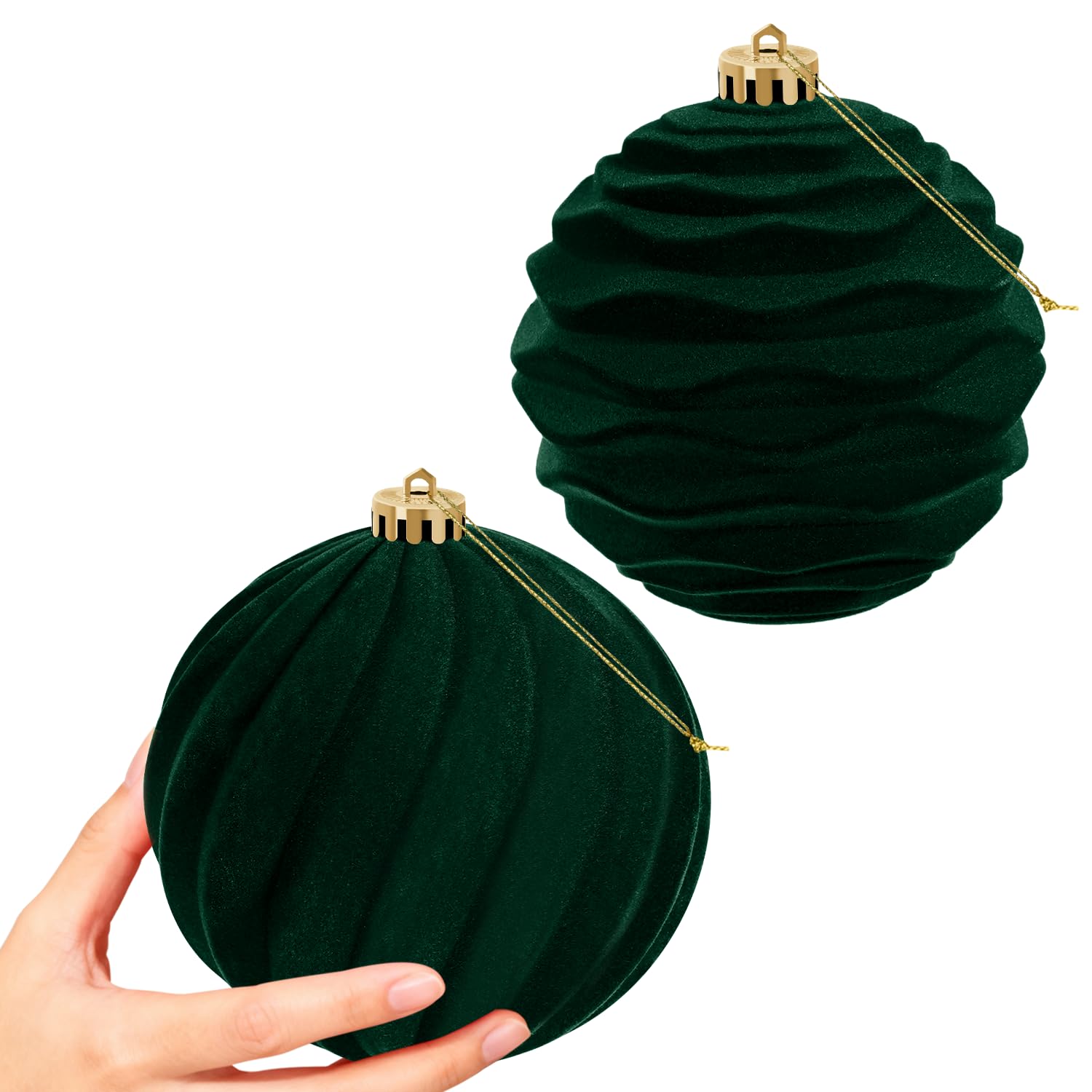 Miaikoe 2 PCS Large Velvet Christmas Balls Ornaments Shatterproof Hanging Set Flocked for Xmas Tree Holiday Party Decorations (Dark Green,15 CM)