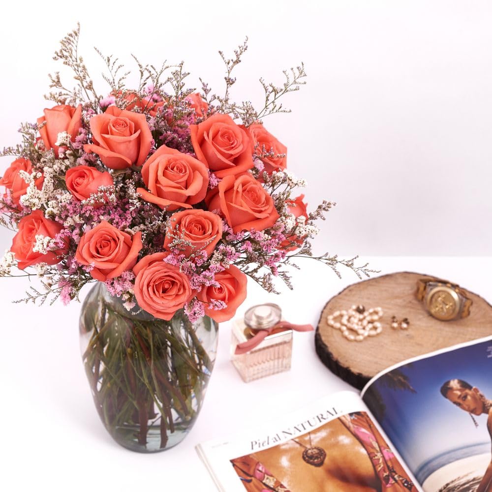 Fresh Flowers Every Day | Beautiful Mixed Bouquet With 30 Flowers 18 Roses & Fillers | Long Stems Air-mailed Directly to Your Home | Anniversaries,Valentines,Birthday. (Sunset)