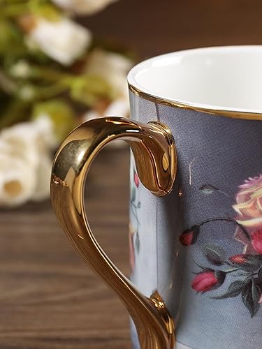 Miniatura 4 de Taza de té de porcelana de porcelana de hueso, taza de café de 12 onzas para el hogar, cocina, oficina, patrón de rosa vintage (gris)