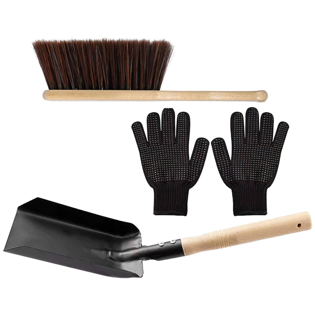 SHINEOFI Set di Strumenti per Caminetto Pala in Acciaio e Scopa in Legno, Guanti Ignifughi Resistenti al Calore, Attrezzi Leggeri per Pulizia Domestica del Focolare