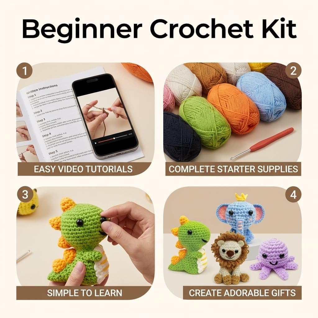 JackCao 6Pcs Crochet Kit for Beginners, 2026 DIY Craft Christmas Gift for Adults, Crochet Animal Kit with Step-by-Step Video Crochet Hook Tutorials Birthday for Crochet Lovers (Pink)