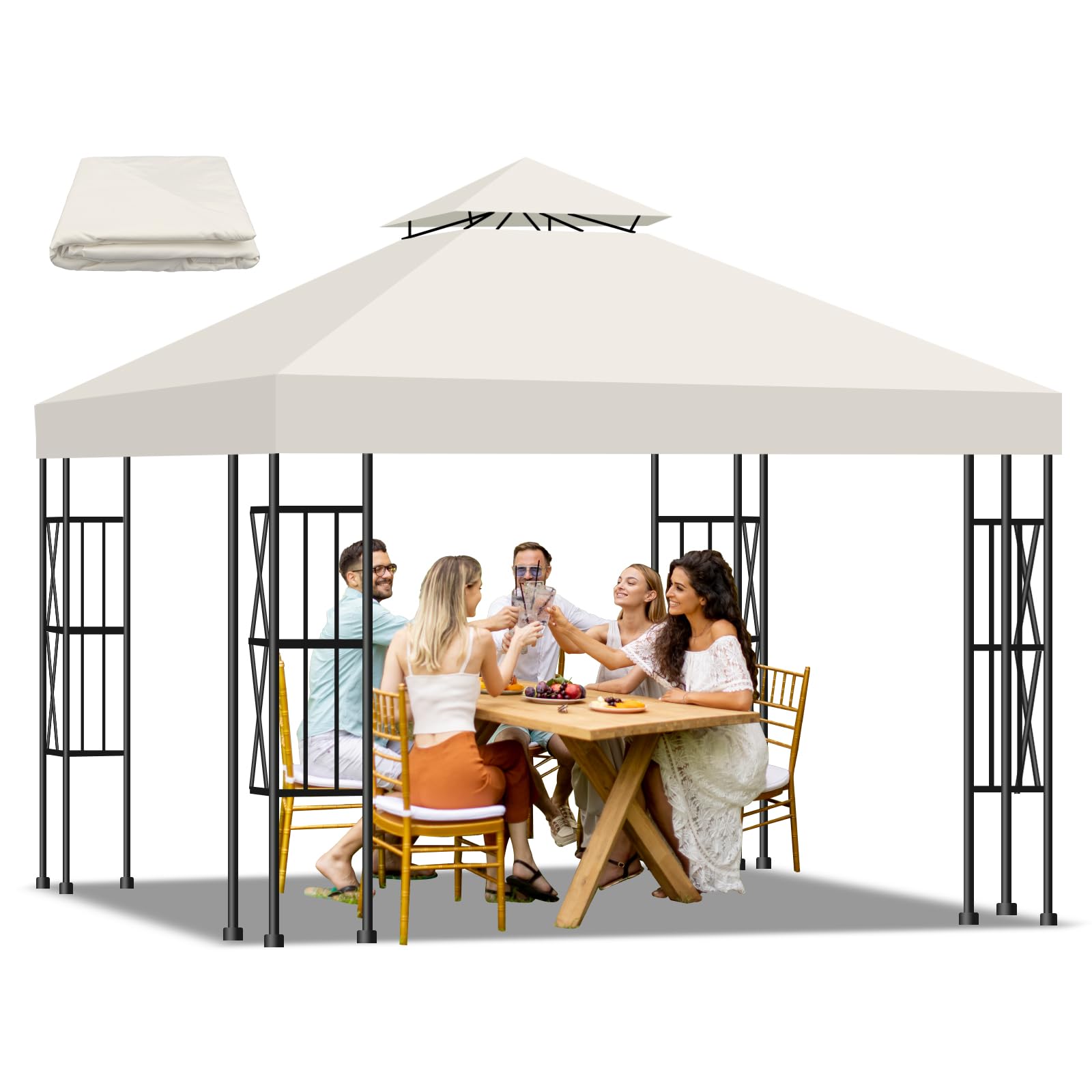 Qdreclod 3 x 3 m Double Layer Gazebo Canopy - Replacement Waterproof 95% UV Protection Breathable Canopy Cover for Garden, Camping, Beach, Outdoor Parties (Beige)