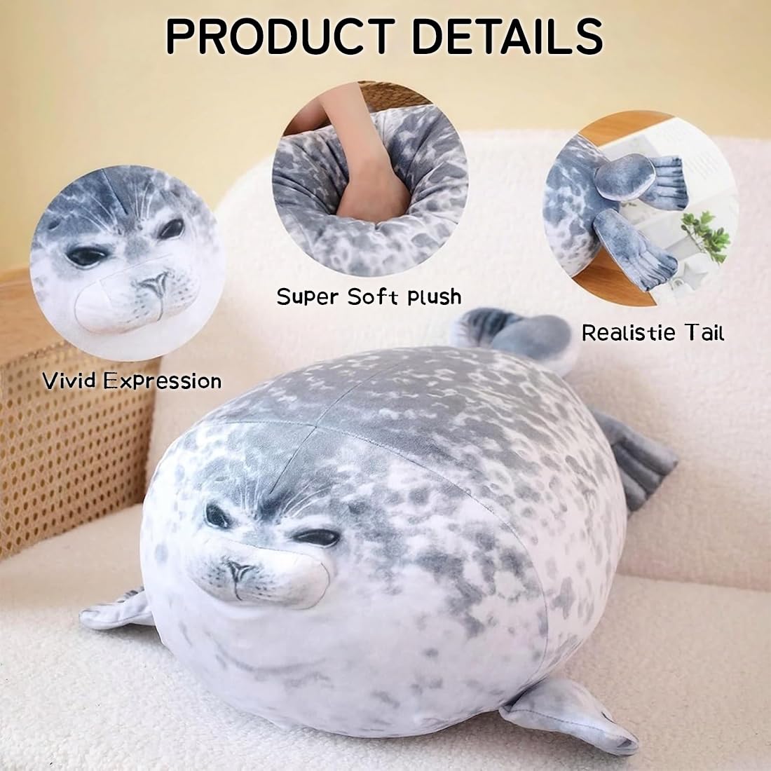 Foca Peluche Cuscino da Abbracciare, 30cm Carino Peluche Animale Paffuto, Regalo per Bambini & Amici
