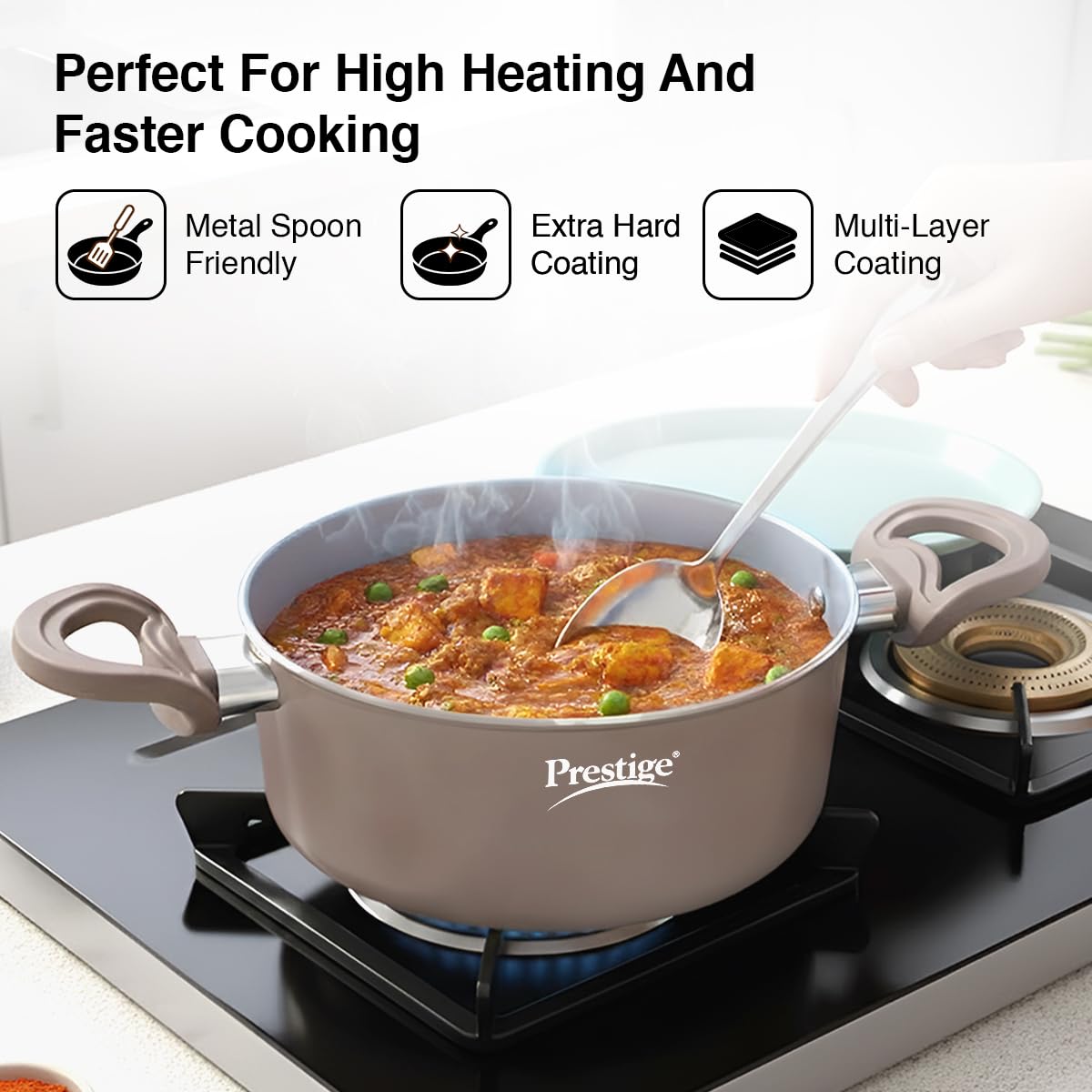 Prestige Ceraglide Duo Casserole 20cm/2.8L with Glass Lid Non-Stick Ceramic Coating|Works On Gas & Induction|High Heating|Cool Touch Handle|Grey 4