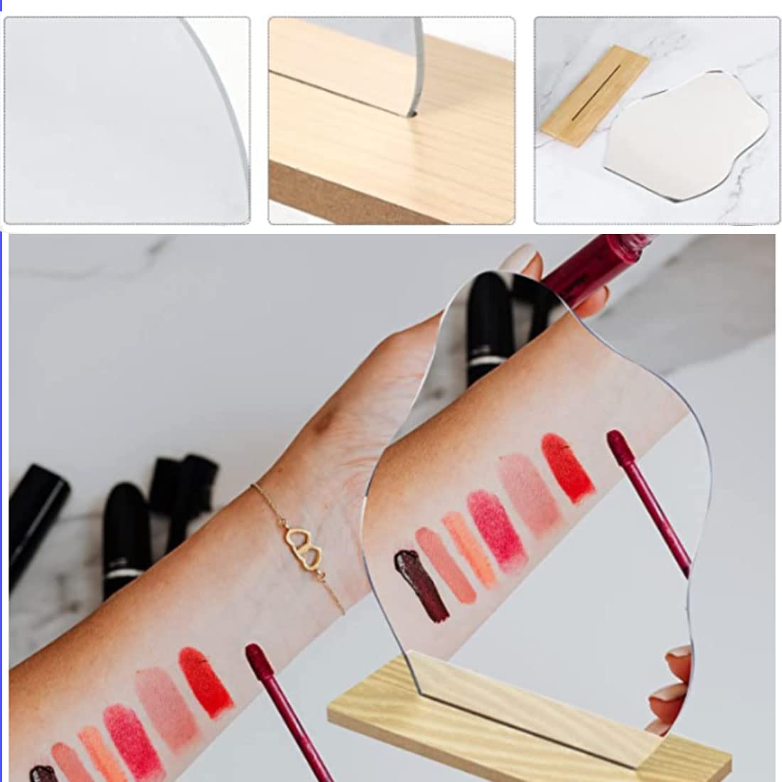 Specchio Da Tavolo Irregolare In Acrilico Con Base Legno - 23,6x19 Cm, Per Trucco E Decor - Foto 3