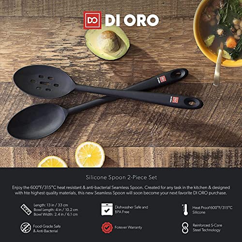 Di Oro Silicone Spoons For Cooking - Large Kitchen Spoons For Mixing, Serving, & Stirring - 600°F Heat-Resistant Non Stick Utensils – Big Solid & Slotted Basting Spoons - Dishwasher Safe (2Pc, Black) #TOP4