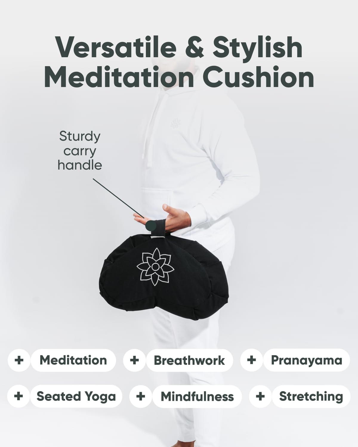 Cojín de meditación grande Mindful & Modern | Zafu Yoga Bolster Meditación cojín de suelo | Cojín relleno de casco de trigo sarraceno en forma de media luna con funda extraíble lavable + asa de