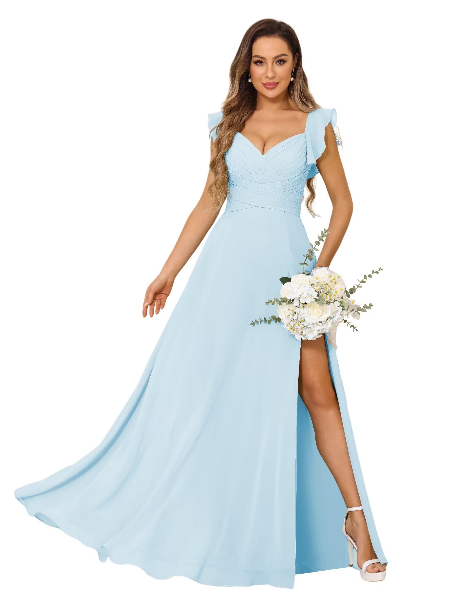 vintys Women's V Neck Bridesmaid Dresses Long with Slit Ruffle Sleeves A Line Chiffon Formal Evening Dress with Pockets VS039