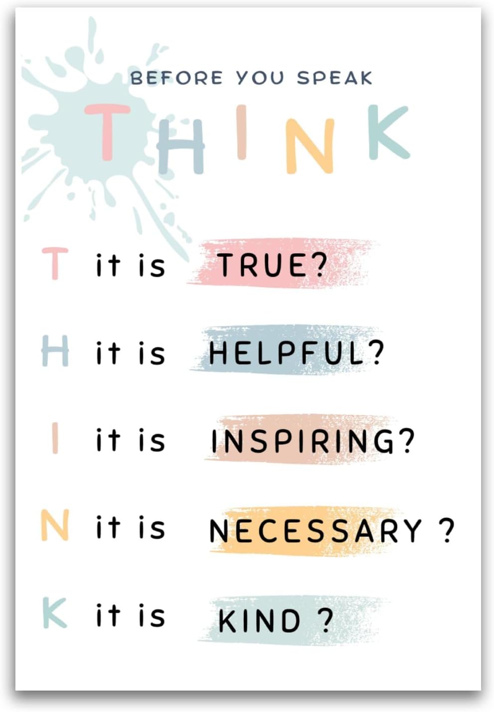 Think Before You Speak Poster - Classroom Poster Decor Therapy Middle Highschool Preschool - 12 x 18 Inch Unframed Poster - Premium Poster On 100lb Gloss Paper - Printed In The USA FHJP1691