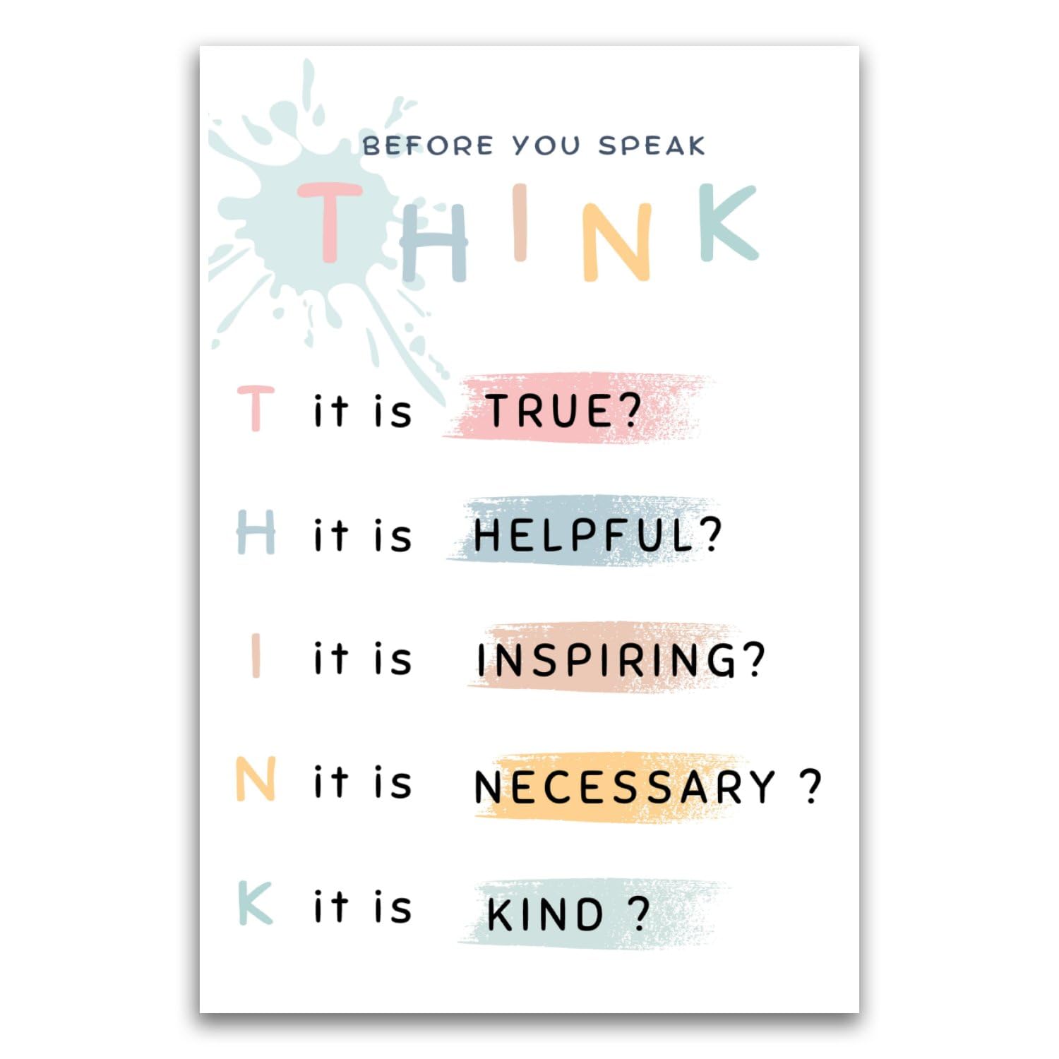 Think Before You Speak Poster - Classroom Poster Decor Therapy Middle Highschool Preschool - 12 x 18 Inch Unframed Poster - Premium Poster On 100lb Gloss Paper - Printed In The USA FHJP1691