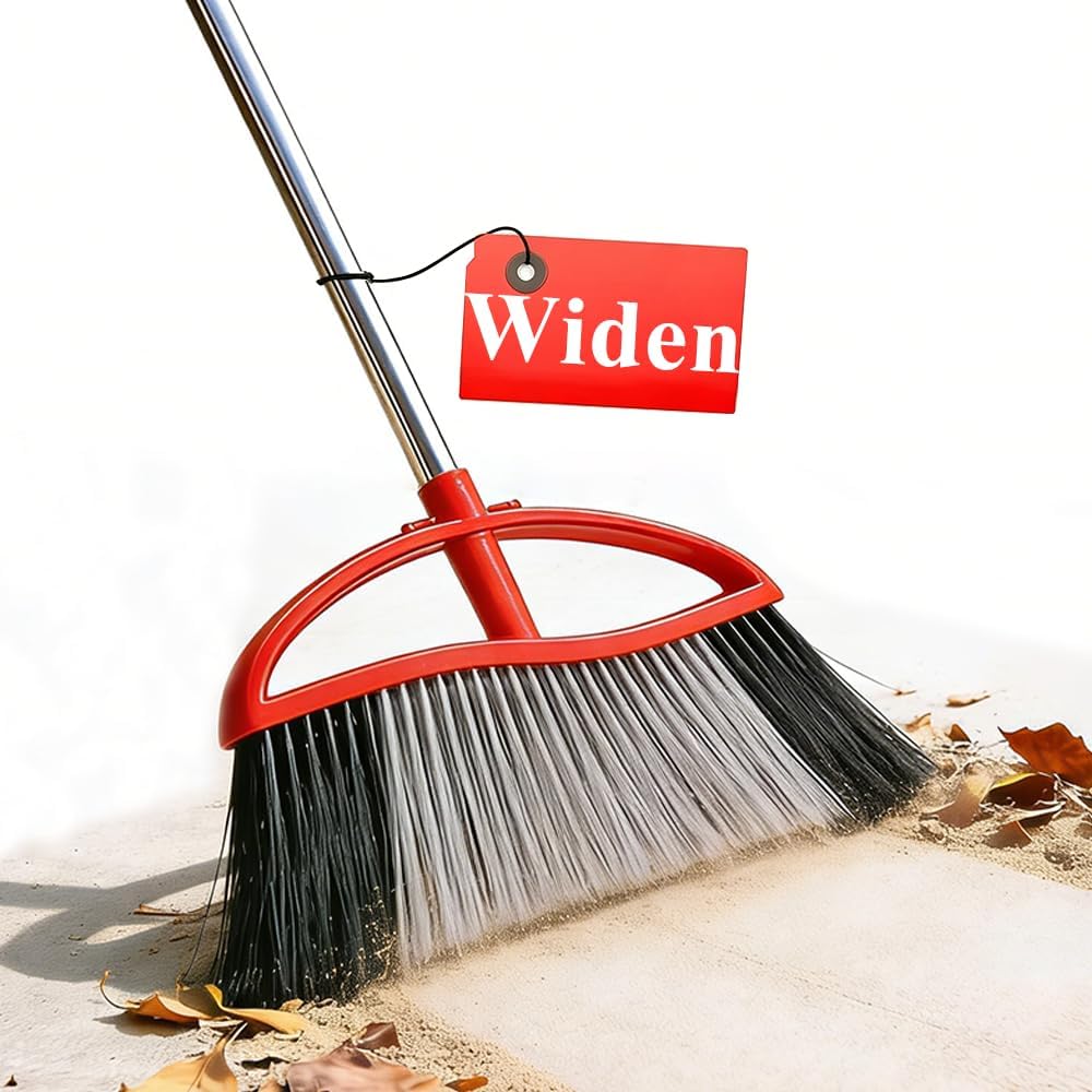 Commercial Heavy Duty Outdoor Broom, 15.7" Extra Wide Angle Broom with 4-Layer Stiff Bristles, Adjustable 38-53.5" Handle for Patio Garage Garden Yard Concrete (Red)