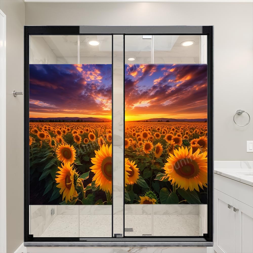 Beautiful Sunflowers Window Privacy Film Country Sunnet Field Yellow Flowers Stained Glass Window Coverings Self-Adhesive Glass Sticker Frosted Window Film for Home Office 17.7Wx23.6L-inch x2 Pcs