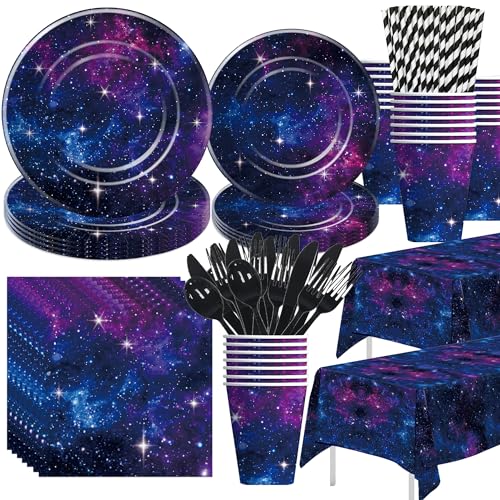 Xenorik Space Galaxy Party Decorations Tableware Outer Space Birthday Party Supplies Paper Plate Cup Napkin Tablecloth Cutlery Starry Night Sky Birthday Baby Shower Decorations Serve 24