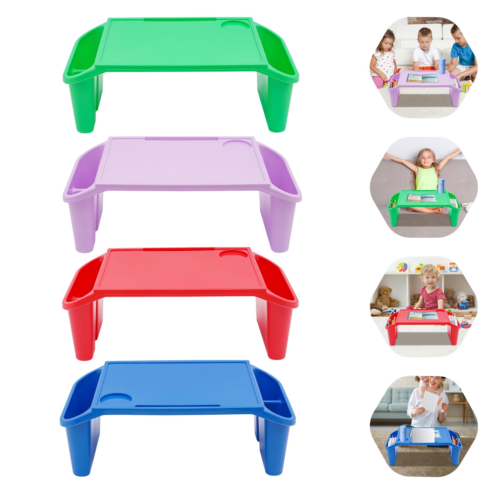 Kids Lap Desk Trays,4pcs Portable Lap Desk Stackable Plastic Breakfast Laptop Trays with Side Pockets for Writing Drawing Game Eating