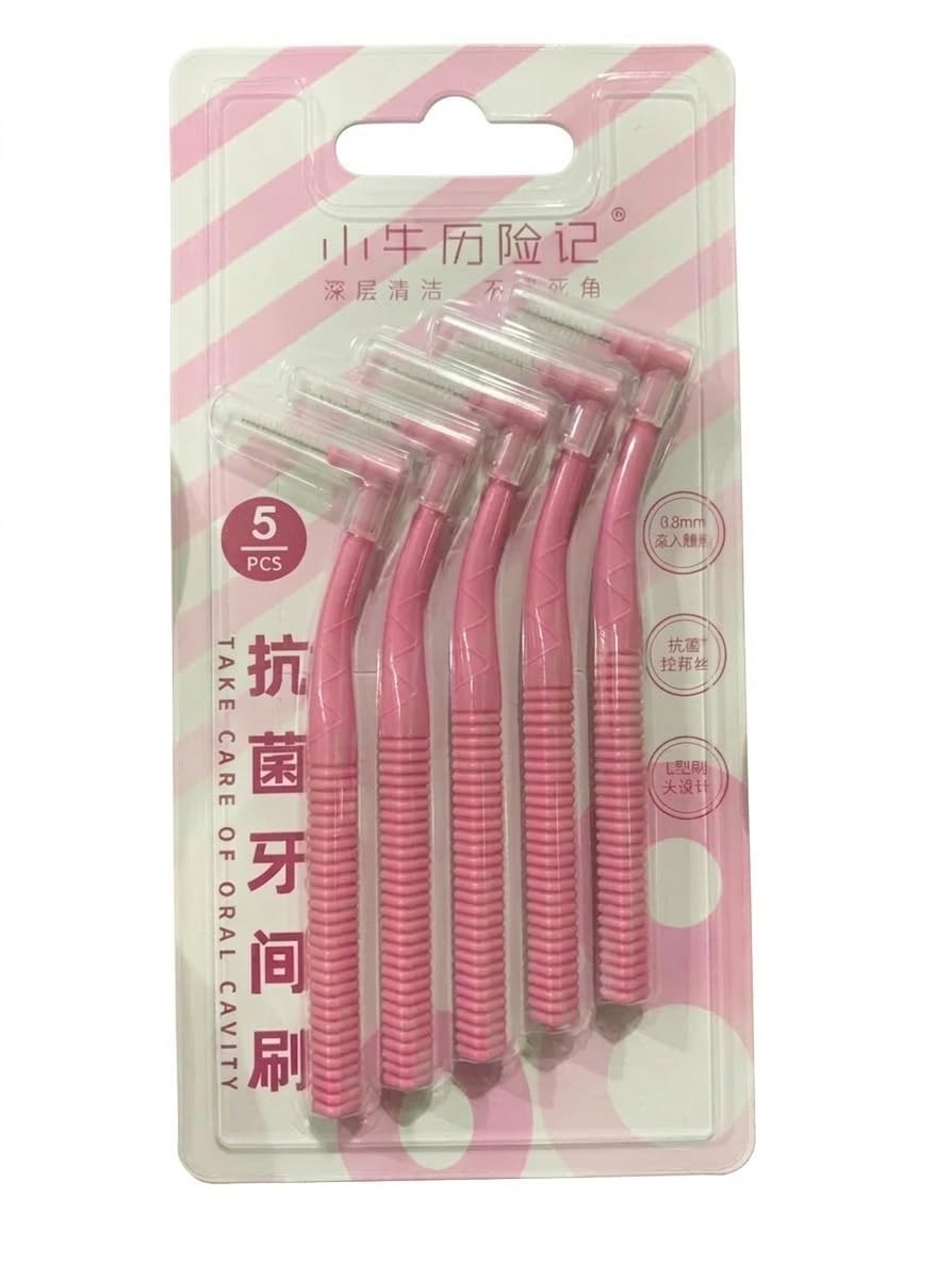 L-Shaped Interdental Brushes for Braces, 0.8mm Angled Dental Floss Toothpick, Manual Short Handle, 5 Pieces, Adult Interdental Manual Adults Angular Brush ,Wide Gaps,Smooth Cleaning Between Teeth,Dentist Recommended ( PACK OF -1 ) (PINK)-image-41