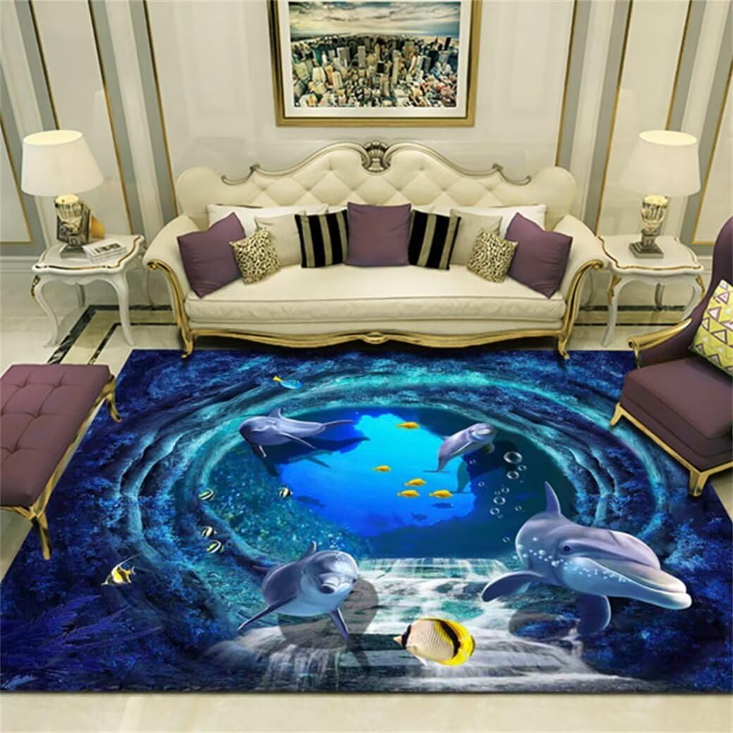 Tapis de chambre garçon bleu 160x210 cm lavable à motif baleine 3D