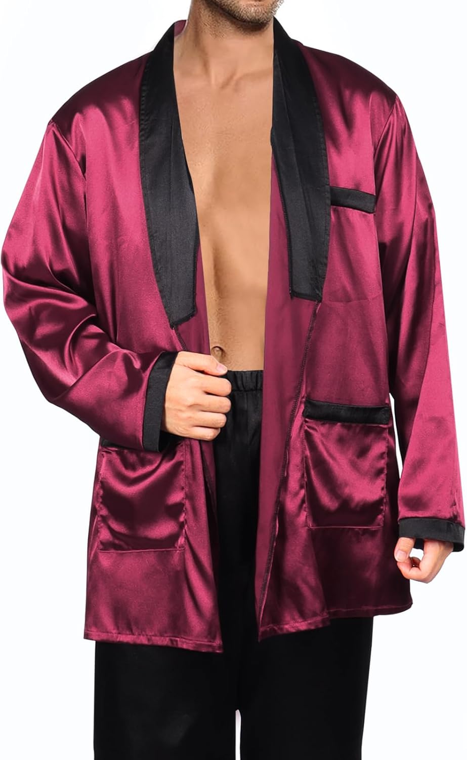 Men Red Silky Robe Jacket with Black Pants Includes Captain Hat and Toy Prop Sunglasses Bunnygirl Cosplay Costume - Image 4