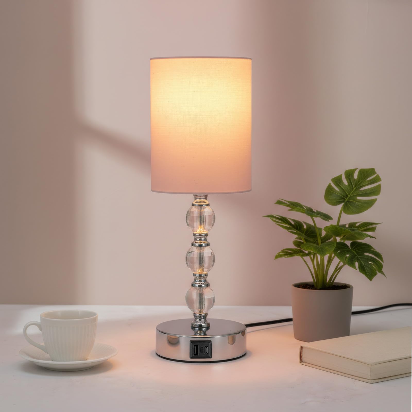 EVERGOODS Touch Table Lamp, Crystal Bedside Lamp with 3-Way Dimmable Touch Control, USB-C & USB-A Charging Ports, White Fabric Shade Bedside Light for Bedroom, Living Room, Dorm (Pink)