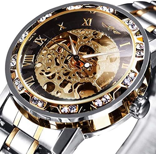 Men's Mechanical Watch Skeleton Steampunk Stainless Steel Waterproof Watches and Dress Watch with Gold Diamonds and Roman Numerals Dial