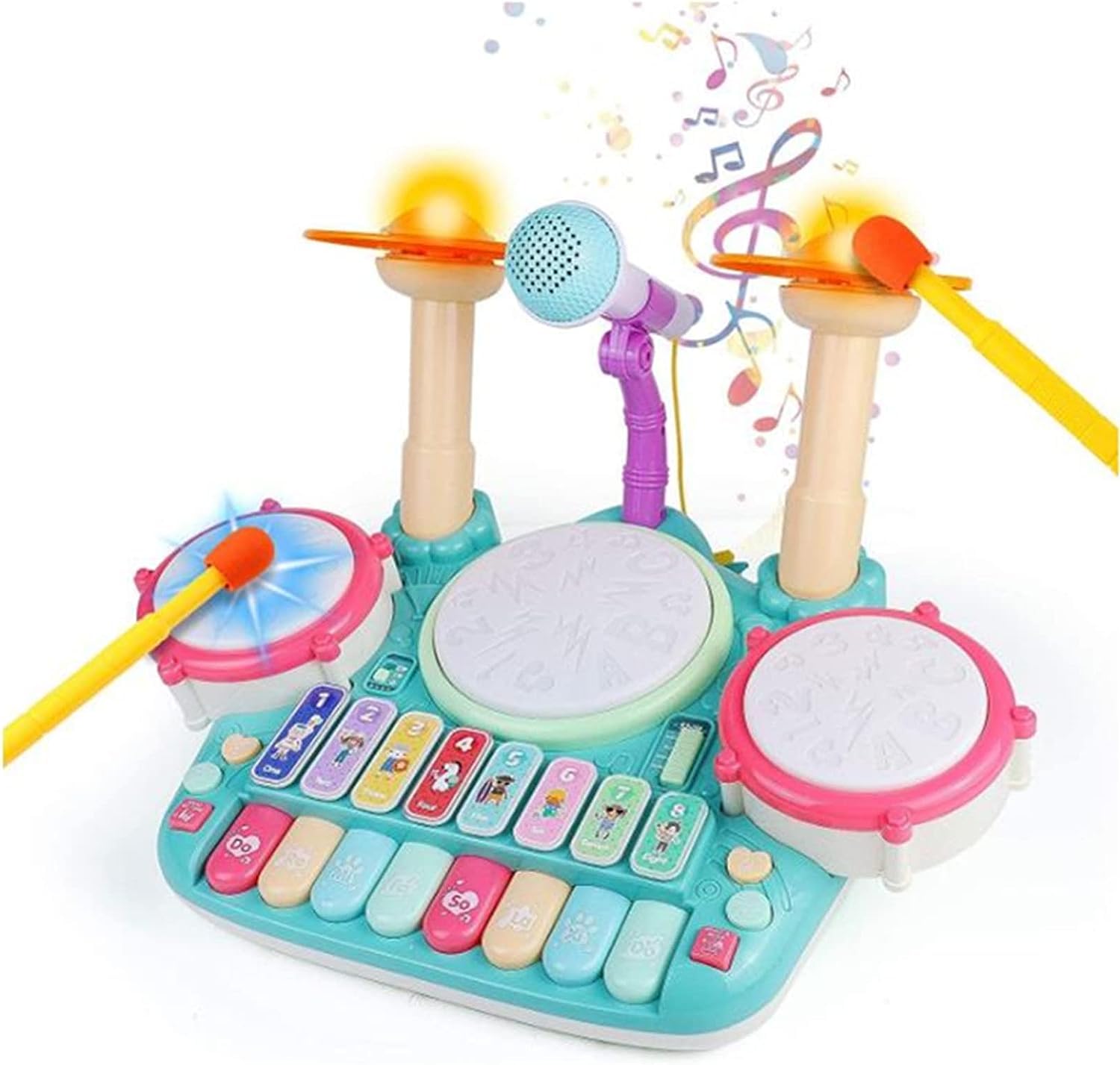 B&K Musical Toys Drum Set for Toddlers 1-3 Year Old Kids Musical Instruments Toy,5 in 1 with Microphone Lights Piano Keyboard Early Learning Educational Music Toy, Gift for Girls Boys (Blue)
