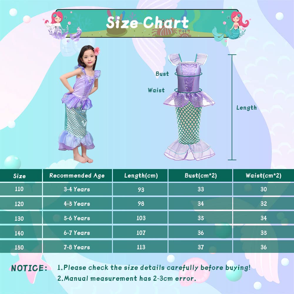 ACWOO Costume da Principessa Sirena per Bambina, Costume da Sirena per Bambine con Aaccessori, Vestito Costume da Principessa Sirena per Bambina per Halloween, Natale, Cosplay, Compleanno