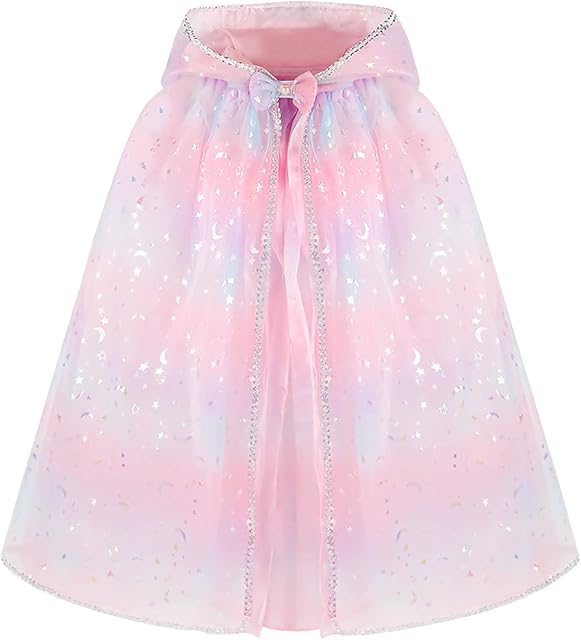 Princess Cape Princess Cloak Hooded Cape for Girls, Princess Fancy Dress Halloween Costume Sparkling Moons and Stars 2 Layered Tulle Carnival Birthday Party Cosplay Princess Dress Up for Girls (70cm)