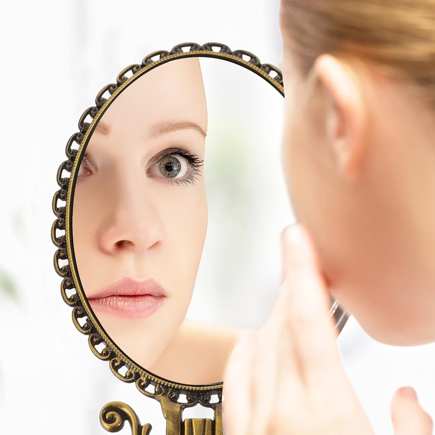 Healeved Vintage Handheld Mirror Foldable Hand Held Mirror Metal Makeup Mirror with Handle Vintage Compact Mirror for Home Travel