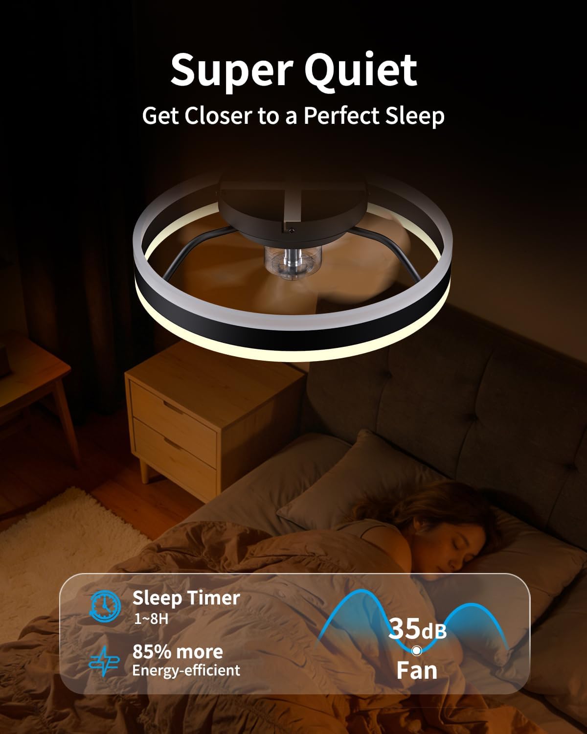 RGB Ceiling Fan with Lights, Low Profile Ceiling Fans with Lights and Remote, Flush Mount LED Fan Light, Modern Bladeless Fandelier for Bedroom Works with APP, 16IN Black