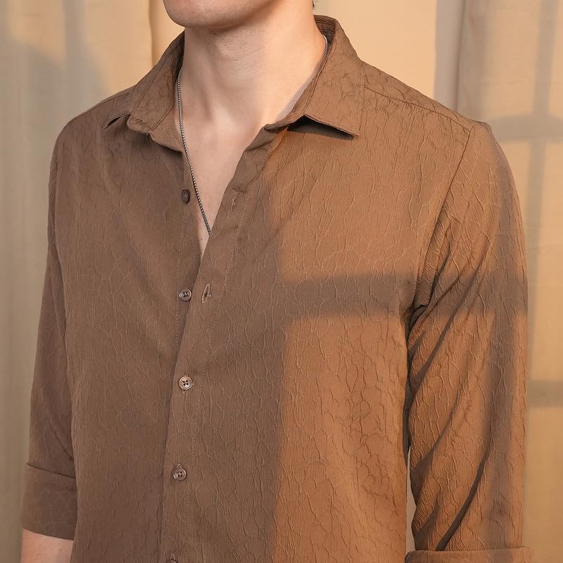Image of CAHOOT Men's Veined-Textured Shirt | Casual Wear | Spread Collar | Long Sleeve | Button Closure | Shirt Crafted with Comfort Fit for Everyday Wear