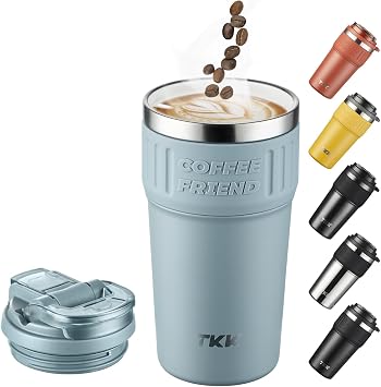TKK Insulated Coffee Mug with Ceramic Coating, 21oz Iced Coffee Tumbler Cup with Straw Lid Double Wall Vacuum Leak Proof Travel Mug with Strap for Hot and Iced Beverage, Cadetblue