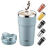 TKK Insulated Coffee Mug with Ceramic Coating, 21oz Iced Coffee Tumbler Cup with Straw Lid Double Wall Vacuum Leak Proof Travel Mug with Strap for Hot and Iced Beverage, Cadetblue