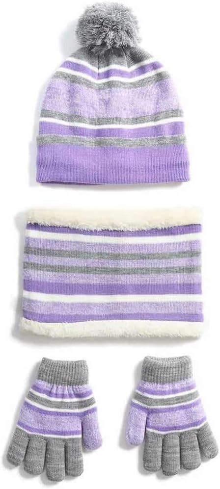 Scarf,Winter Beanie Hat Scarf Gloves Set for Kids Boys Girls Striped Skullcap Mittens Neck Warmer with Warm Fleece Scarf(Light Purple)