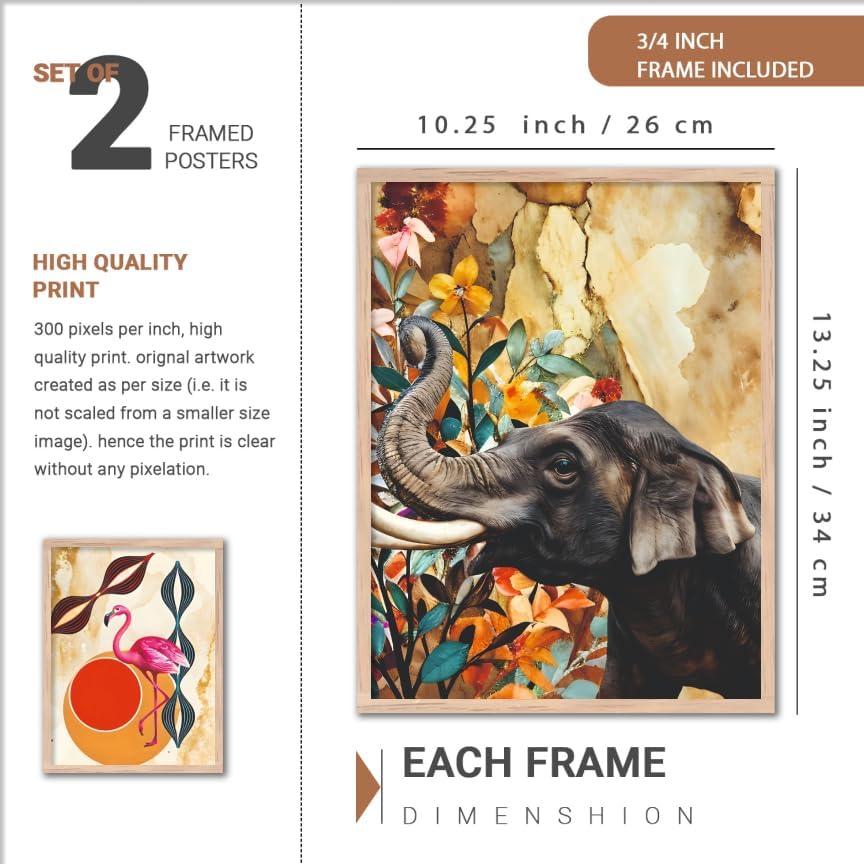 Image of NoWorries Wall Decor Framed painting Set of 4 | Abstract Animal Art Prints with frames | Elephant Flamingo Botanical Wall Artwork | Modern Home Decor Gallery Wall Frames