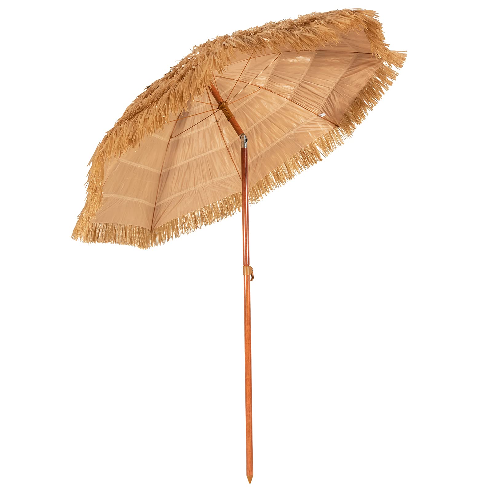 GOPLUS 2M Sombrilla Paja de PP con Flecos, Parasol Hawaiana Inclinable de Terraza Exeterior con 8 Varillas, Bolsa de Transporte, Protección Solar para Jardin, Balcón, sin Base(Natural, 200cm)