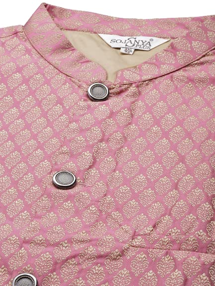 Image of SOJANYA (Since 1958) Men's Silk Blend Dark Green Kurta & Silk Blend Nehrujacket With Off White Churidar Pyjama Set