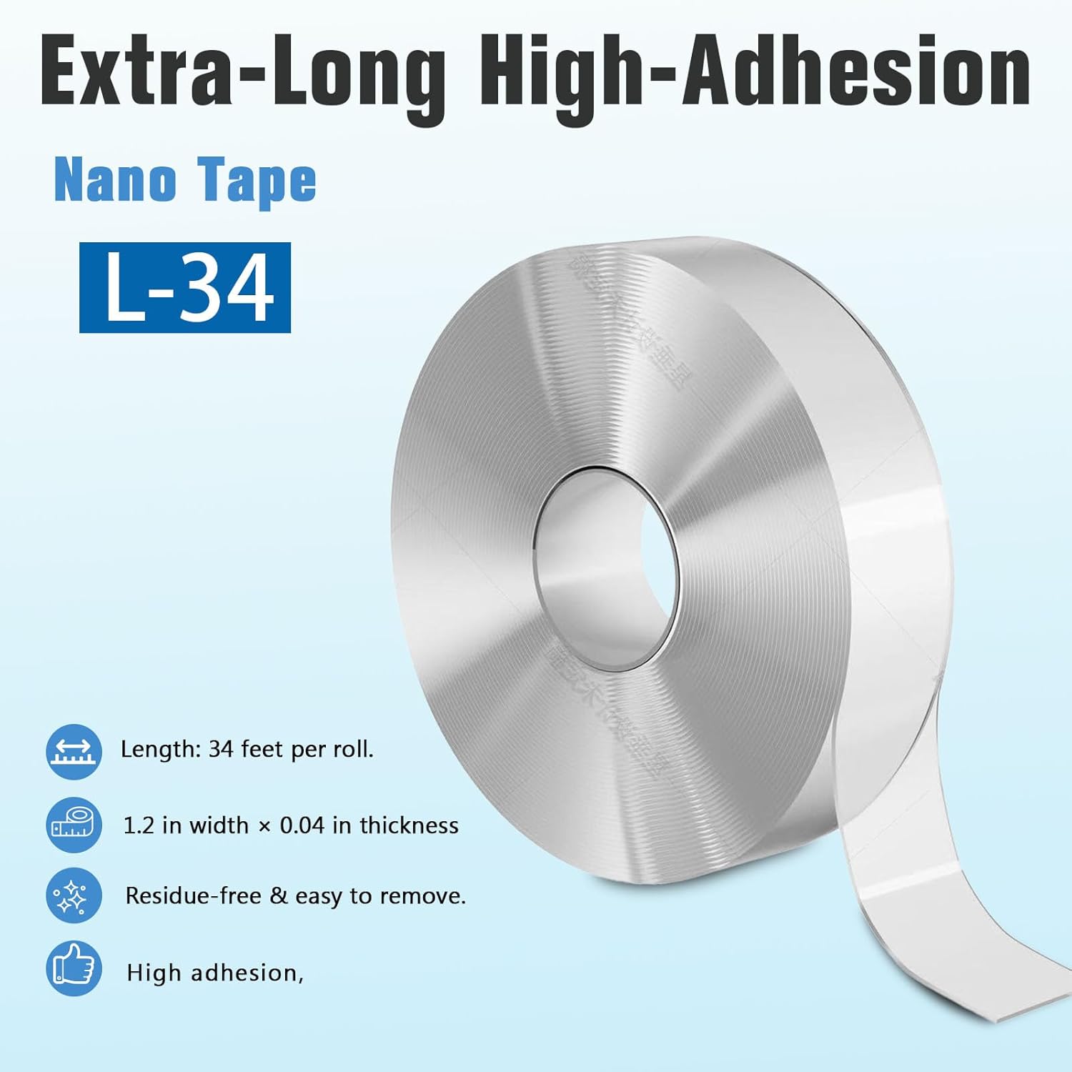 64FT Double Sided Tape Heavy Duty Nano Mounting Tape Adhesive Removable Super Big Long Super Sticky Outdoor for Wall DIY Hanging Carpet Reused-H (L34 (2 roll TOT:68FT))