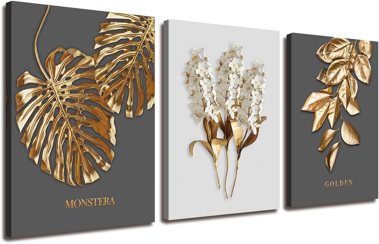 Gray and Gold boho Abstract Wall Art 3 Pieces Modern Stretched and Framed White Flower Gold Leaf Canvas Paintings for Living Room Home Office and Bedroom Bathroom Wall Decor Canvas Size: 12"x16"x3