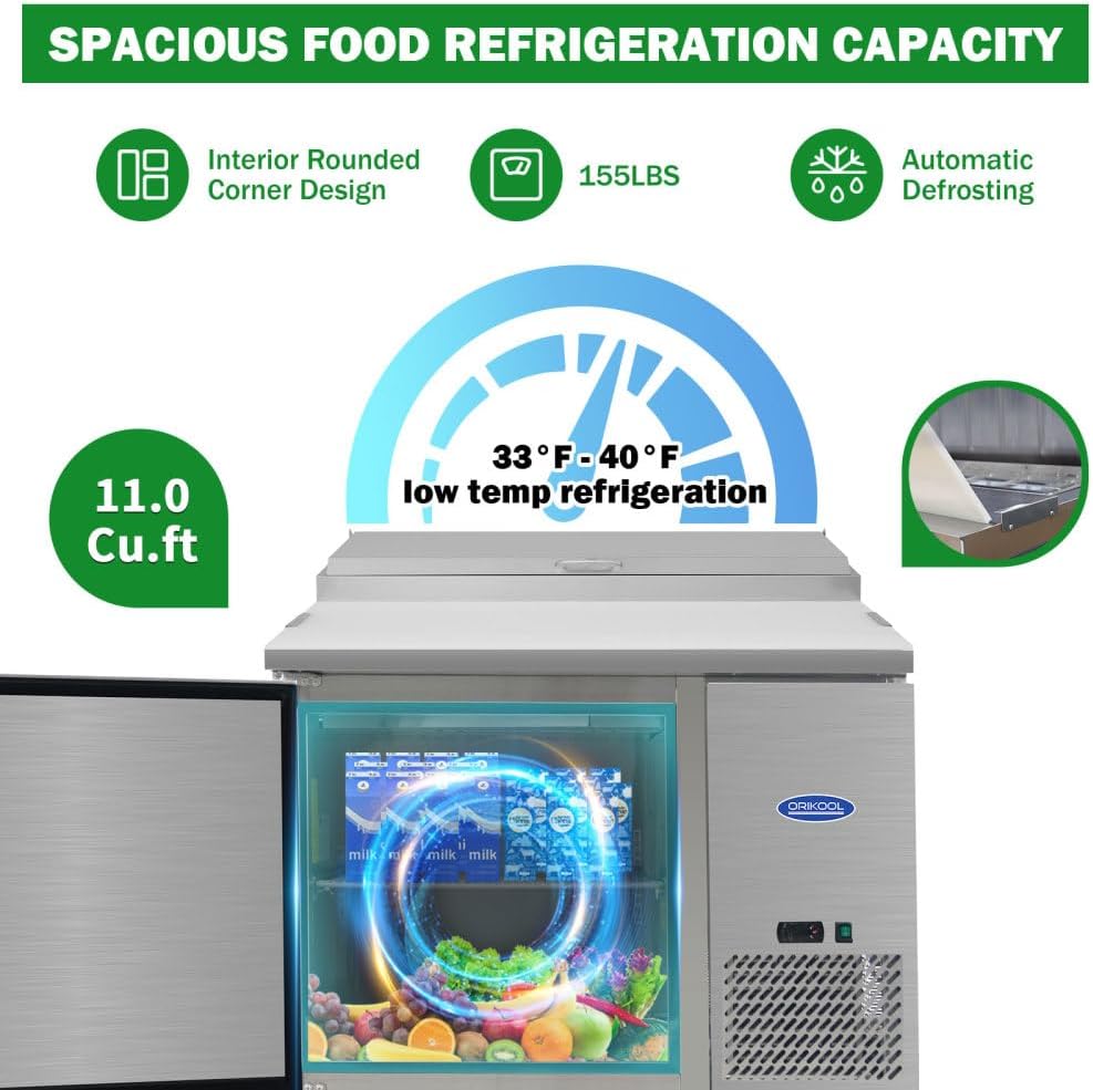 44" Commerical Pizza-Sandwich Prep Table Refrigerator - One Door Stainless Steel Refrigerator, 11 Cu.ft Capacity, Low Noise, Adjustable Shelves, Auto Defrost, Digital Temp Control (44" Single Door)