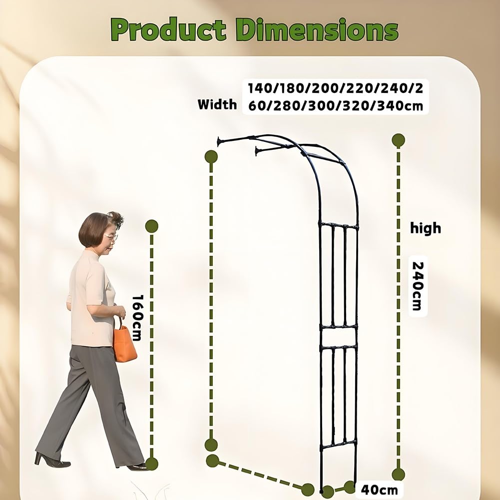 Demi-côté Grande Arche de Jardin en métal, Arche de rosiers, Robuste tonnelle en métal Rosiers Treillis pour Plantes grimpantes, Support de décoration de Jardin 120x240/240x240/300x240cm(Black,1.5X2.4