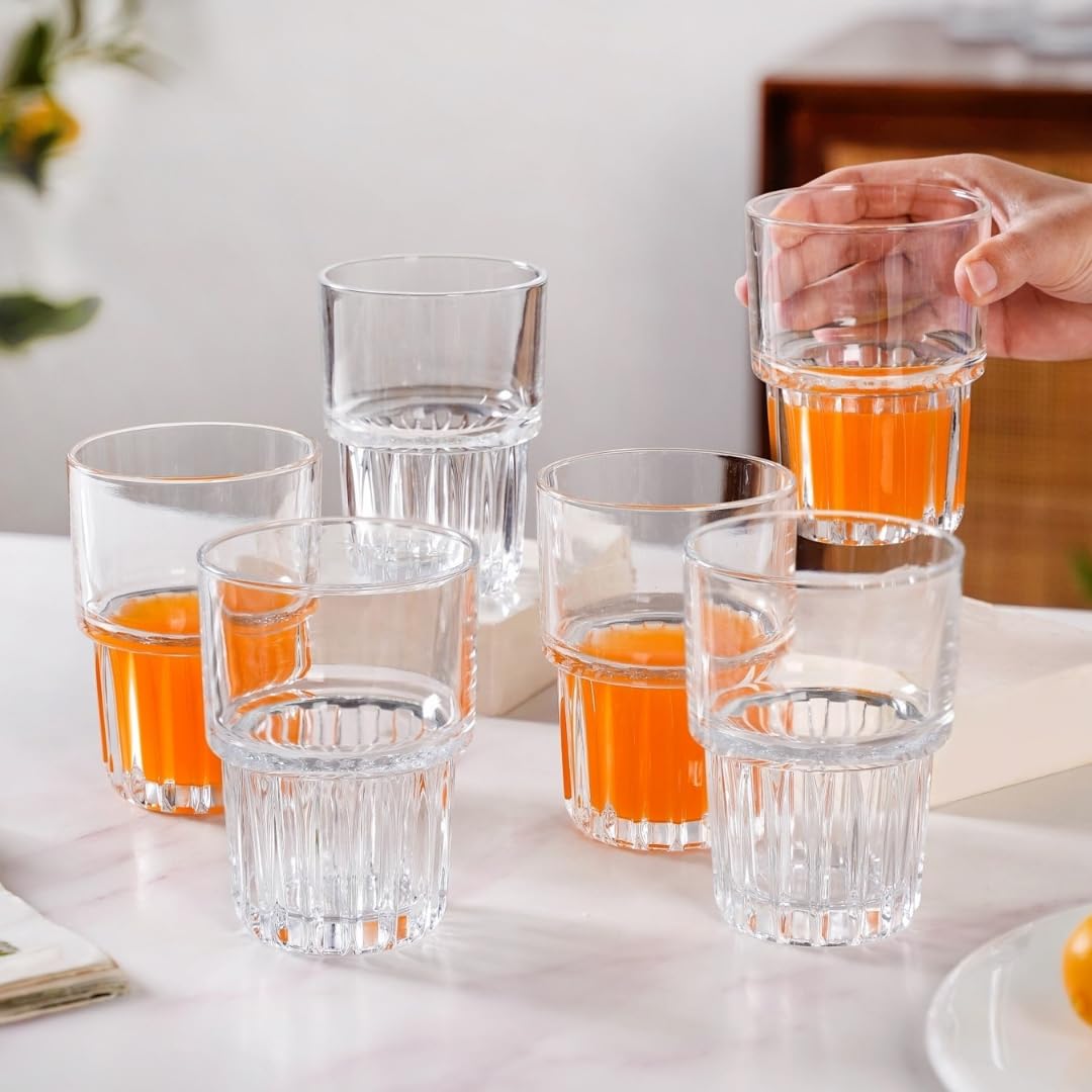 Nestasia Set of 6 Stackable 340ml Glass Tumblers | Chip-Resistant, Lead-Free Clear Drinking Glasses for Water, Juice, Cocktails & Everyday Use | Dishwasher & Microwave Safe