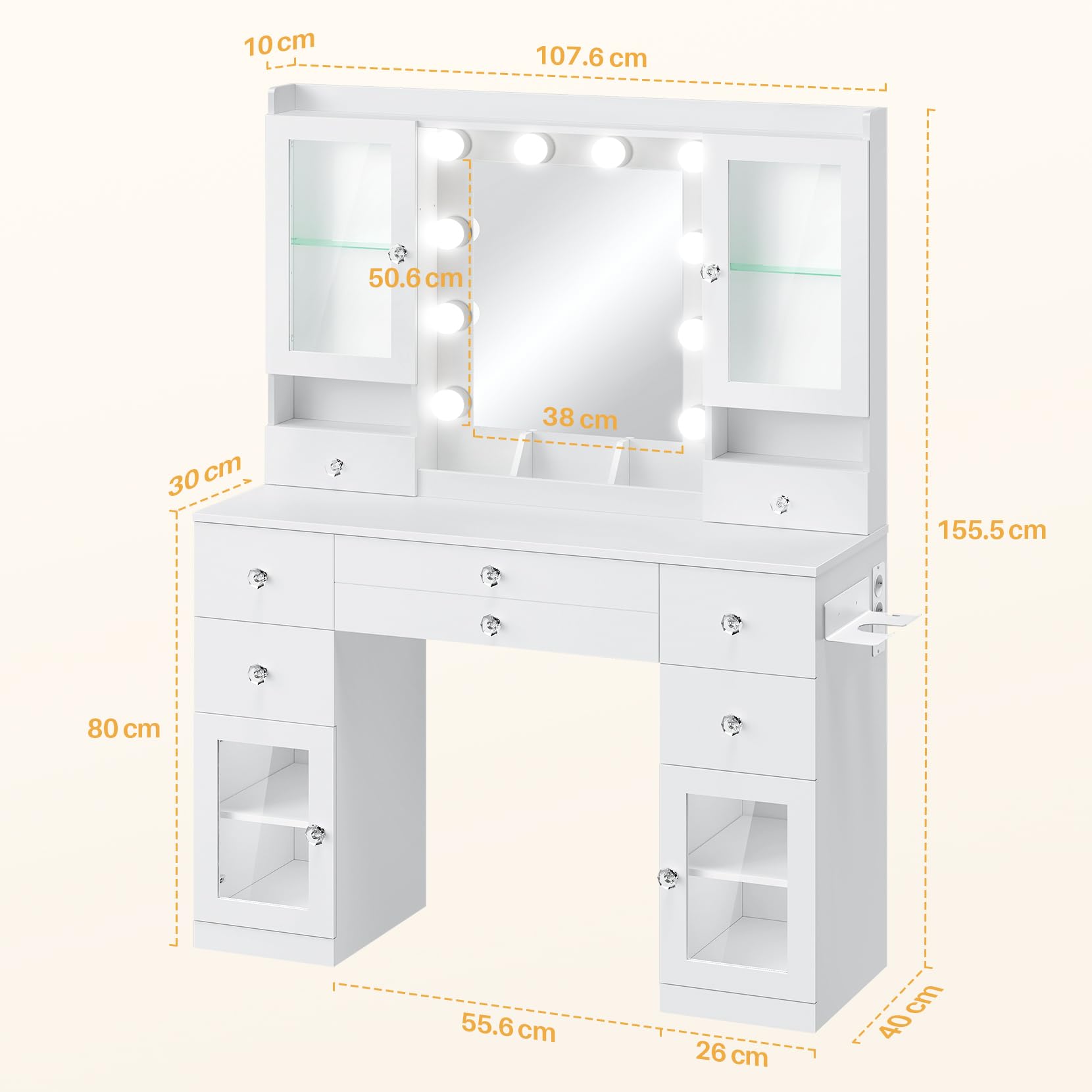 Dripex Tavolo da Toeletta con 10 Sfere LED e Prese, Specchio e 2 Vetrine Trasparenti con RGB, 7 Cassetti, Bianco