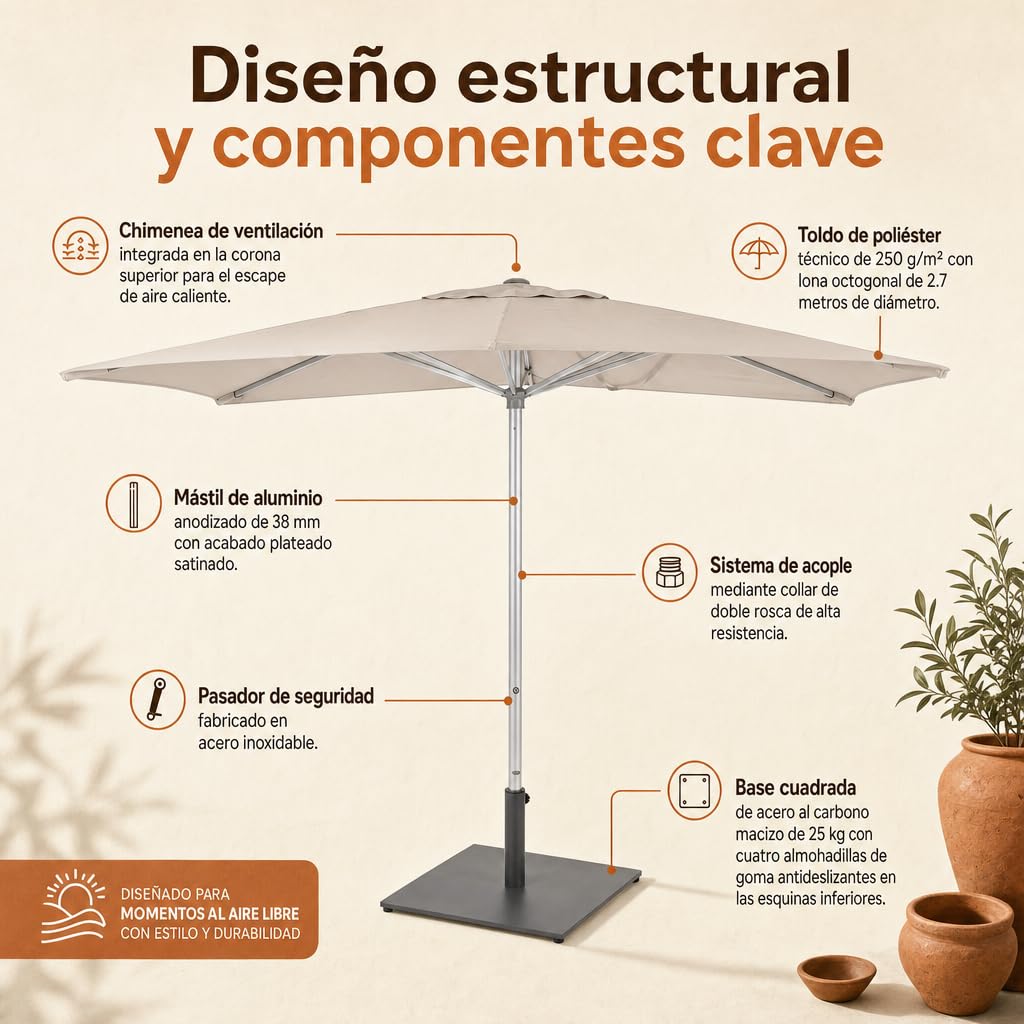 Parasol de Jardín, Sombrilla Cuadrada de Terraza con Protección UV50+ Estilo Minimalista, 3x3 m Beige