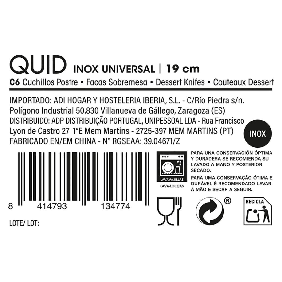 Quid Inox Universal Set 6 Cuchillos Postre Acero Inox 19cm Acero Inox No Apto Microondas Ecológico