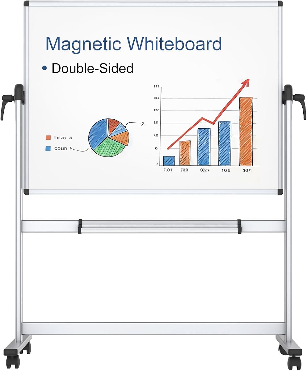 Pizarra blanca móvil magnética de doble cara VIZ-PRO, 48" x 36" | Caballete rodante de borrado en seco de 4' x 3' con ruedas y marco de aluminio para la escuela, la oficina y el hogar