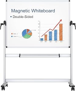 VIZ-PRO Double-Sided Magnetic Mobile Whiteboard, 48 x 36 Inches, Aluminium Frame and Stand | Rolling Dry Erase Board Easel Stand on Wheels with Aluminium Frame for School Office Home 4' x 3'