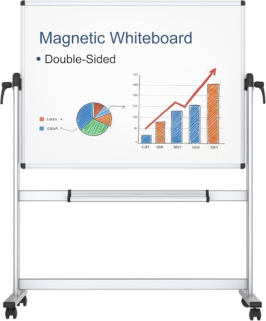VIZ-PRO Double-Sided Magnetic Mobile Whiteboard, 48 x 36 Inches, Aluminium Frame and Stand | Rolling Dry Erase Board Easel Stand on Wheels with Aluminium Frame for School Office Home 4' x 3'